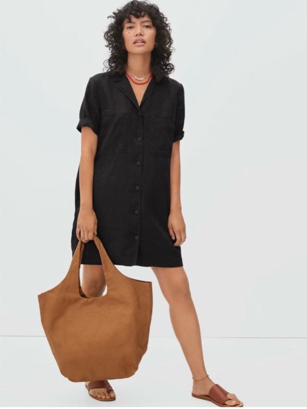 Everlane The Linen Workwear Dress Black XS Short Sleeve Button Front Minimalist